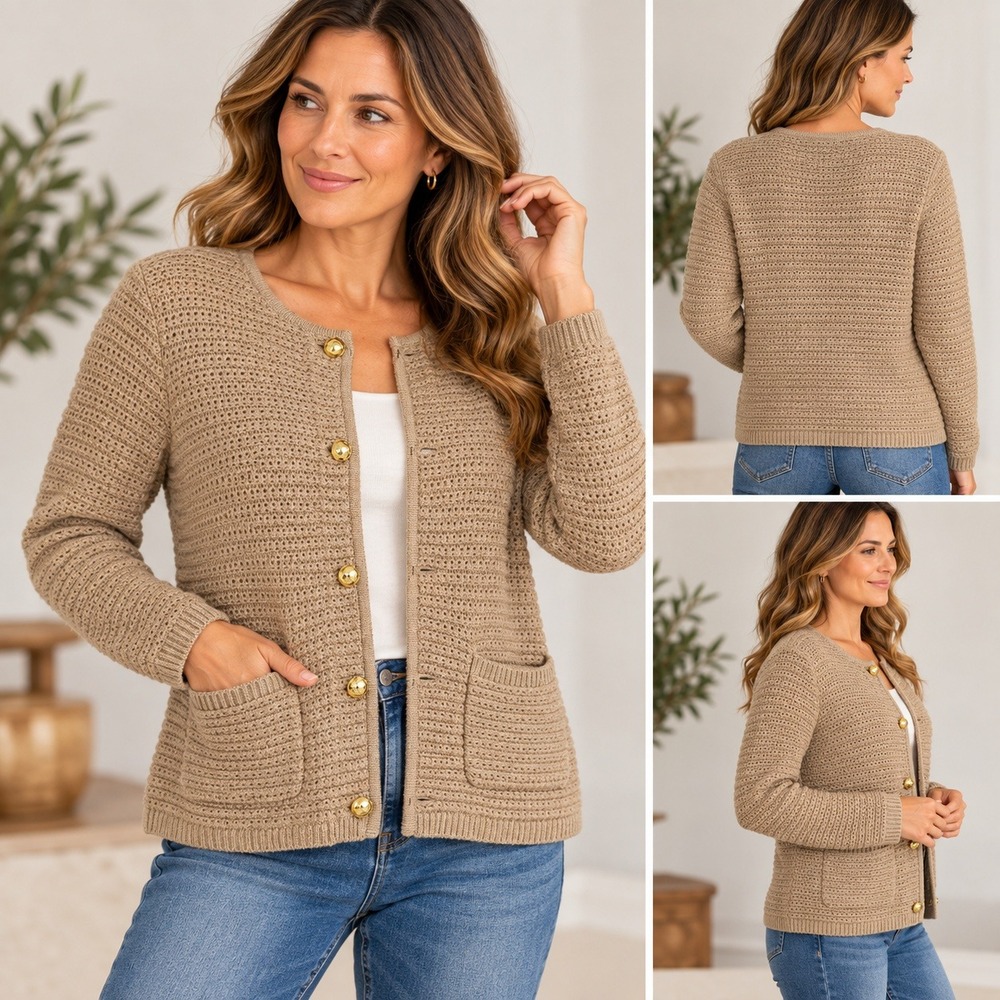 Talbots Womens Beige Gold Metallic Knit Cardigan Gold Crest Buttons Size XL